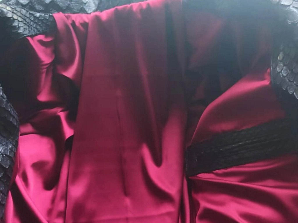 Fuchsia satin lining inside biker leather jacket