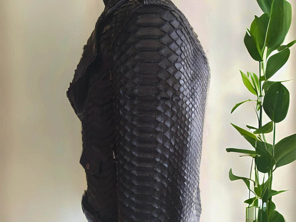 Black snake-texture biker leather jacket sleeve detail