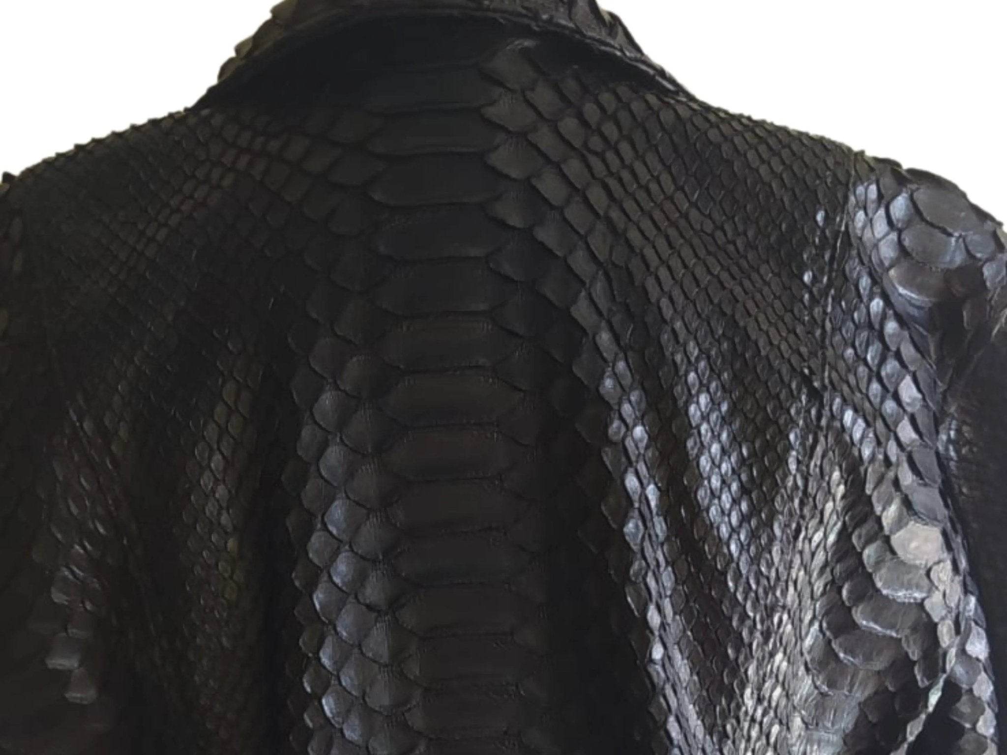 Black textured leather jacket back panel detail