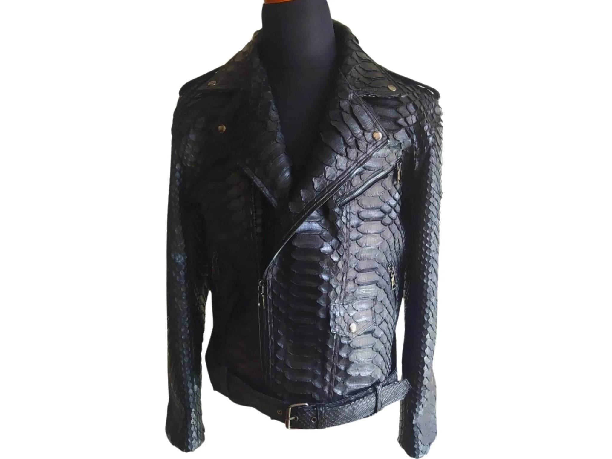 Black biker leather jacket front with diagonal zip detail