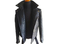 Black biker leather jacket with stand collar and zip front