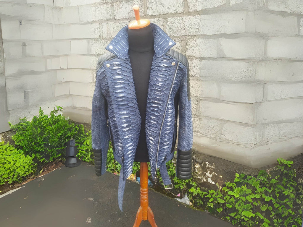 Blue python-texture biker jacket with black front panel, asymmetrical zip, snap collar