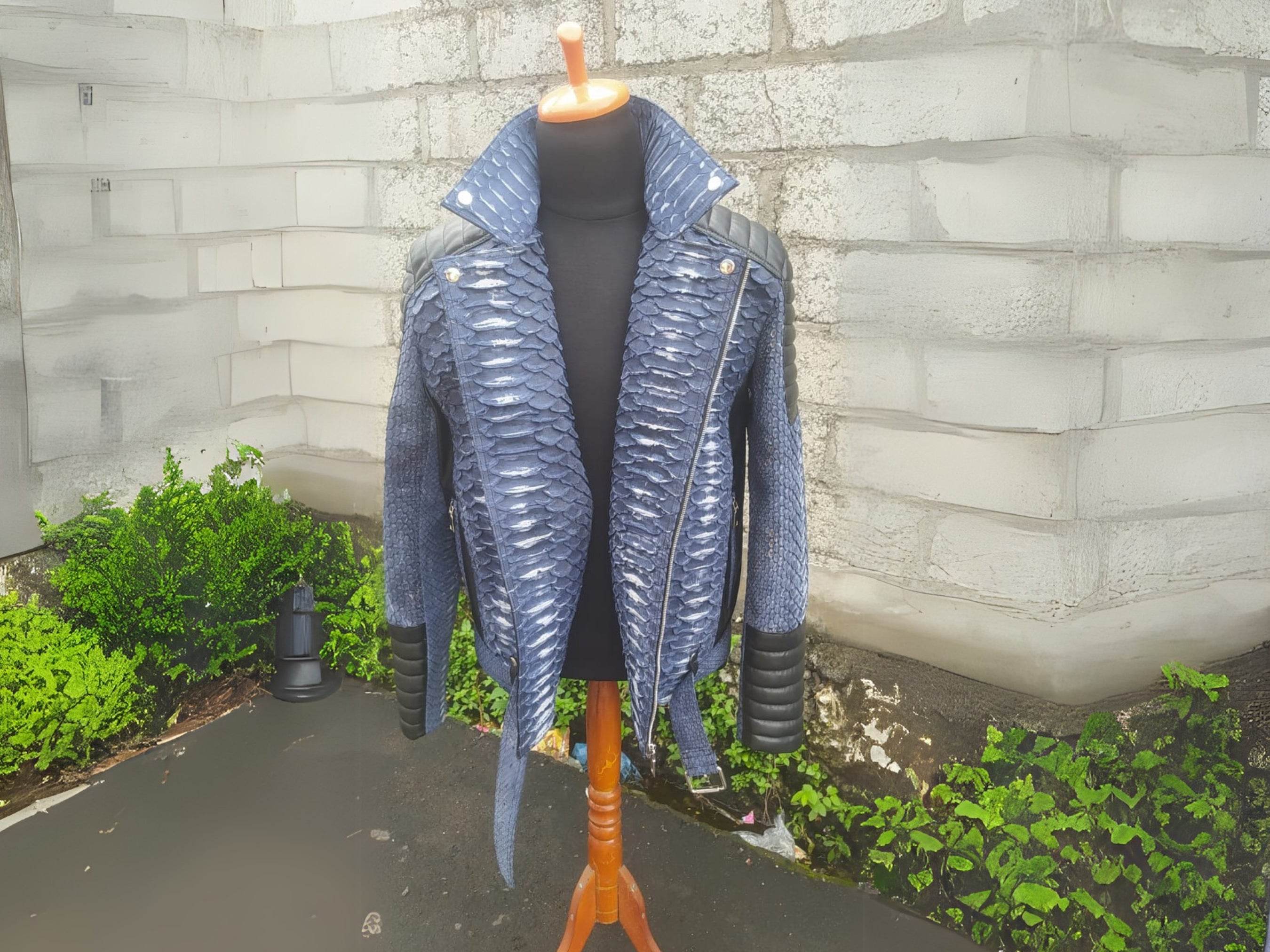 Blue python-texture biker jacket with black front panel, asymmetrical zip, snap collar