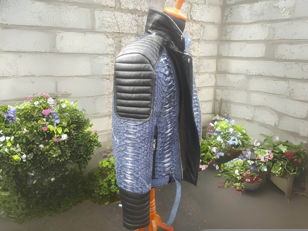 Blue python-texture biker jacket with quilted black sleeve panel, diagonal zip front