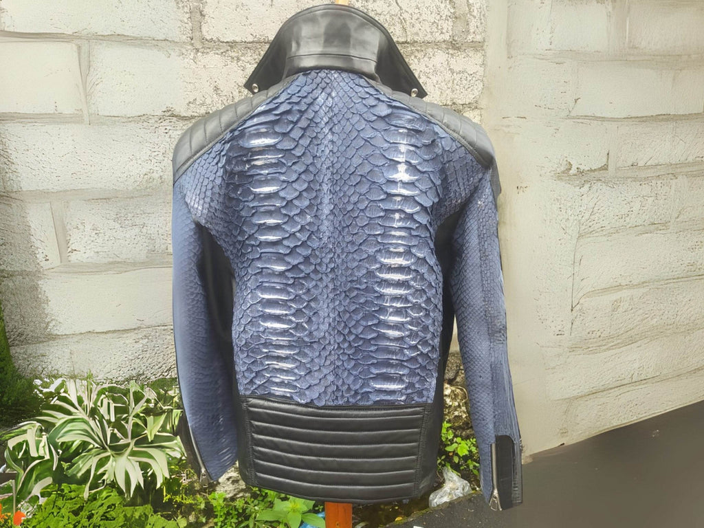 Blue python-texture biker jacket back with black yoke and stand collar