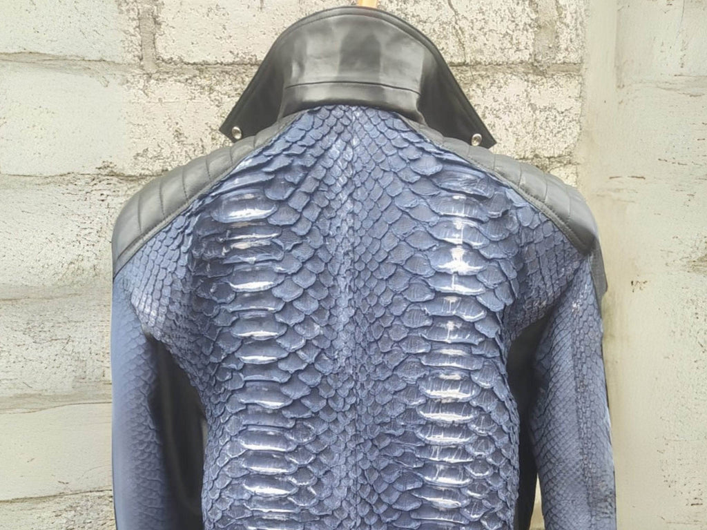 Blue python-texture biker jacket back with black yoke detail and stand collar