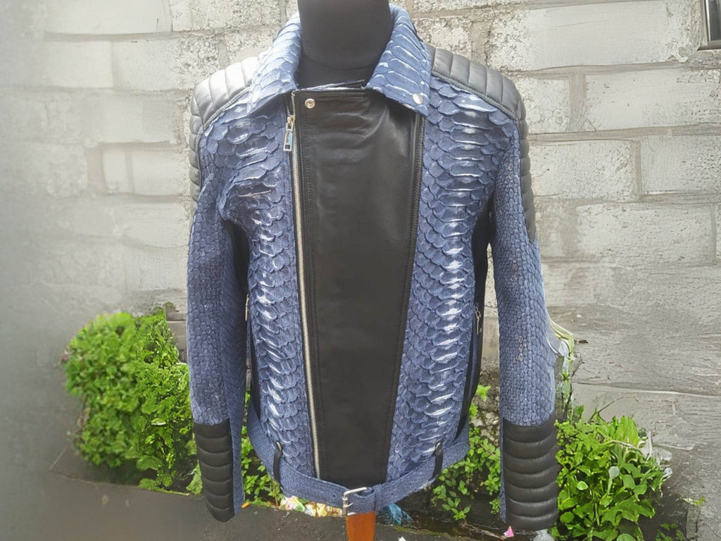 Blue python-texture biker jacket with black center panel, asymmetrical zip, snap buttons