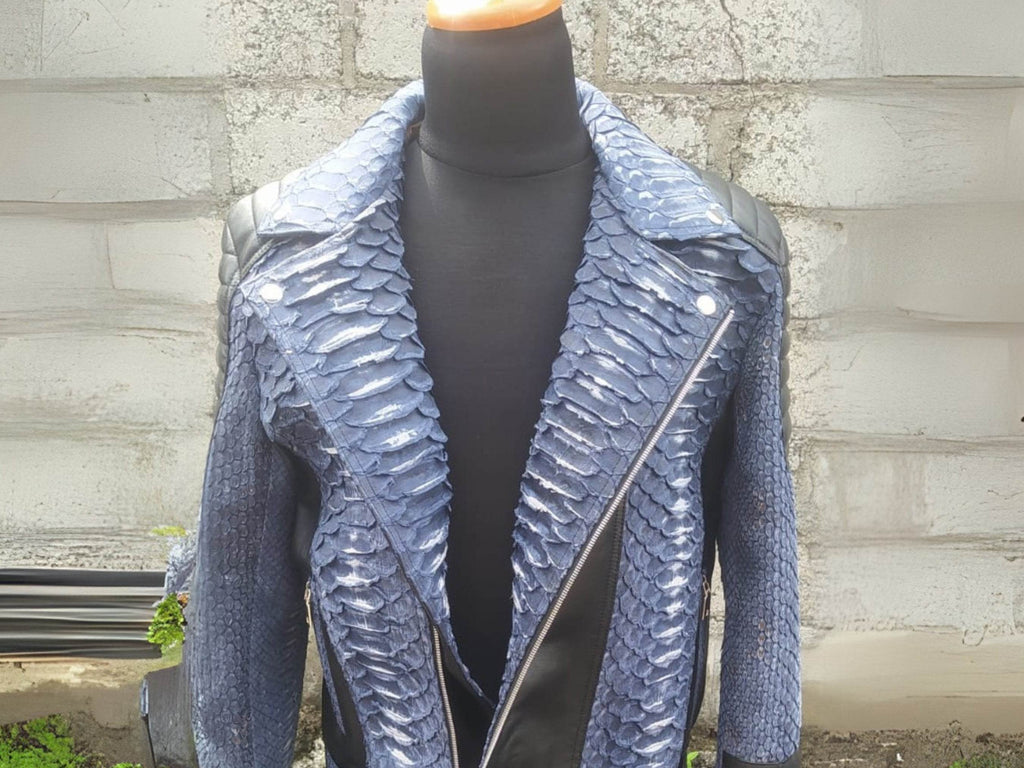 Blue python-texture biker jacket with stand collar, asymmetrical zip and black trim