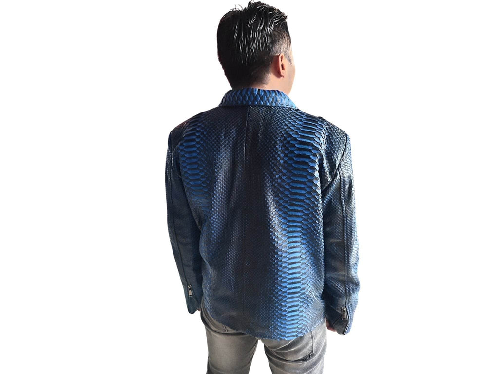 Blue snakeskin leather motorcycle jacket, back view with vertical seams and collar