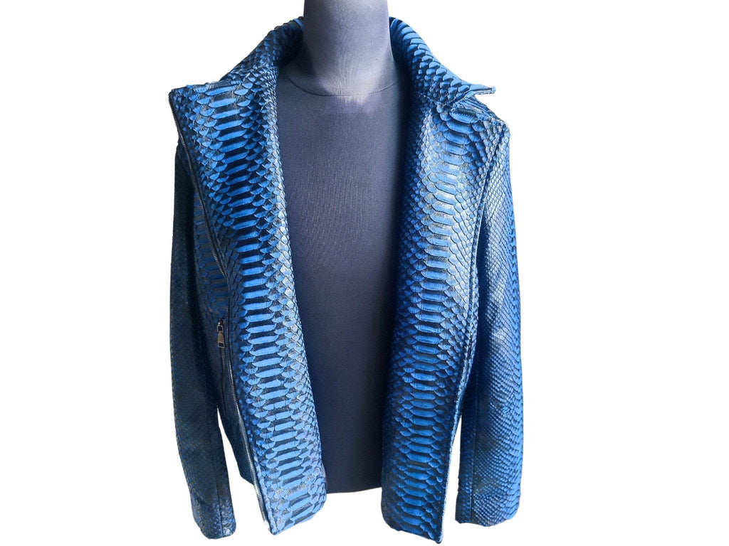 Blue snakeskin-pattern leather motorcycle jacket with zip front and textured panels.