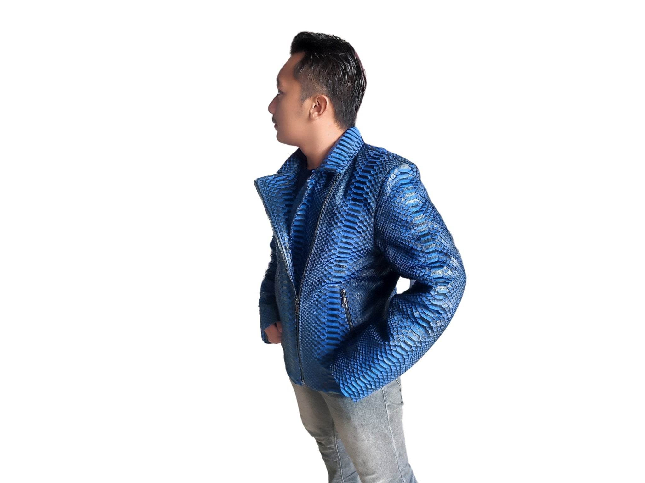 Blue snakeskin leather jacket, angled side view, asymmetrical zip and collar