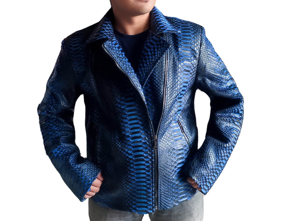 Blue snakeskin leather motorcycle jacket, zip-front, two side pockets, ribbed cuffs