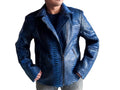 Blue snakeskin leather motorcycle jacket, zip-front, two side pockets, ribbed cuffs