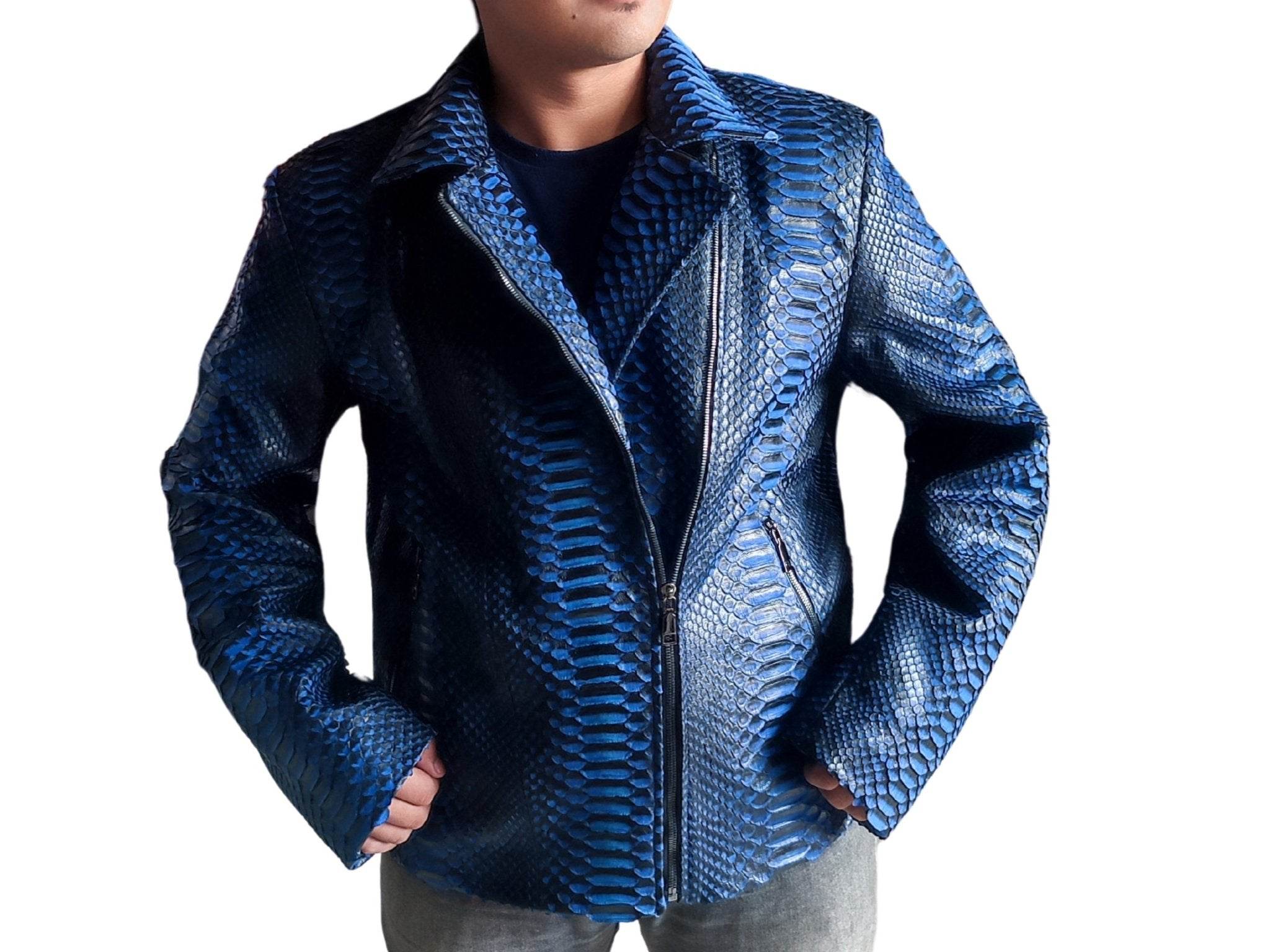 Blue snakeskin leather motorcycle jacket, zip-front, two side pockets, ribbed cuffs