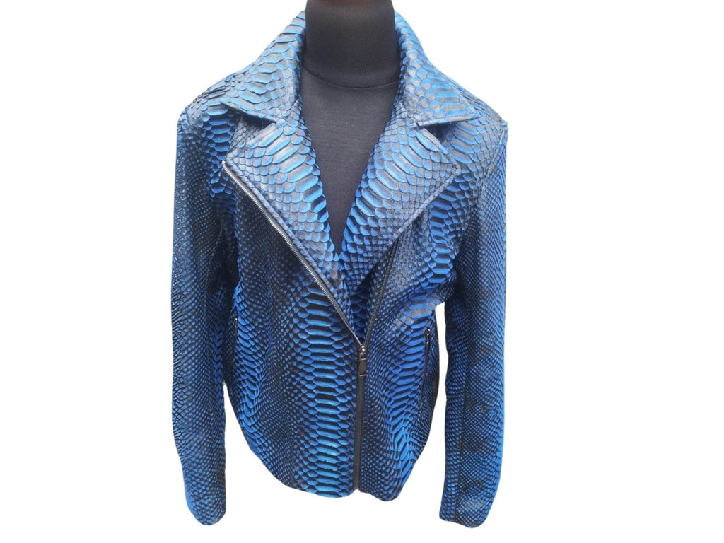 Blue snakeskin leather motorcycle jacket, asymmetrical zip, notched collar, long sleeves