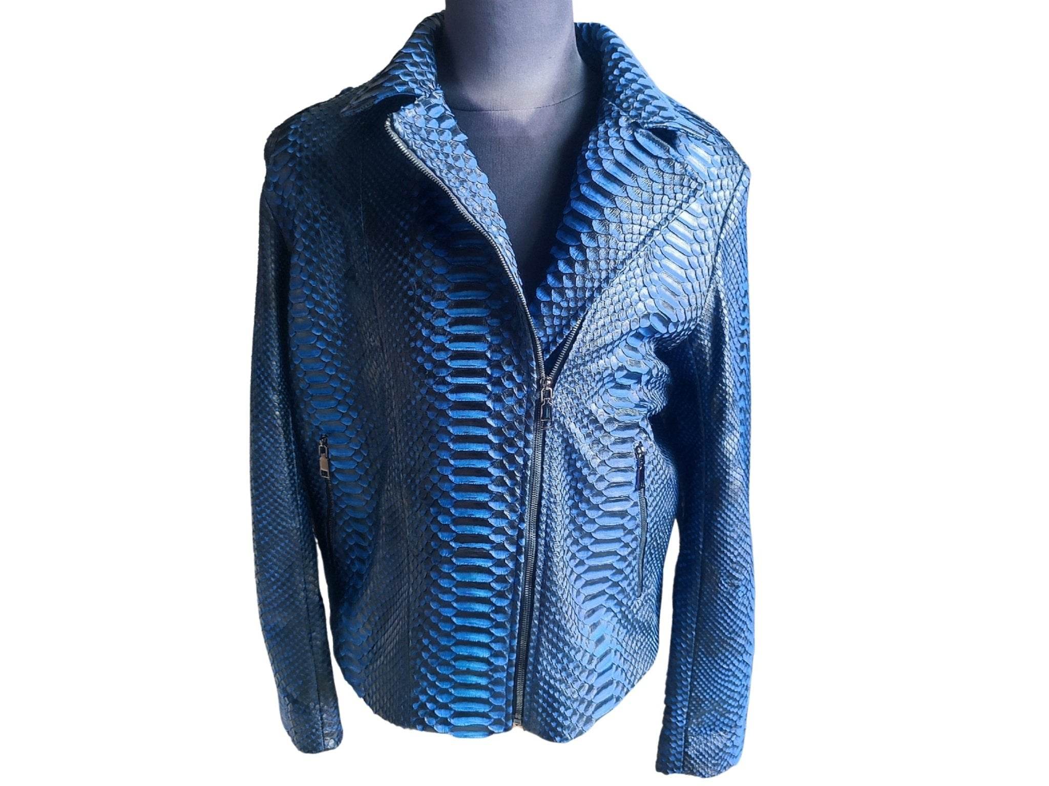 Blue snakeskin-pattern zip motorcycle leather jacket with stand collar, front zip.
