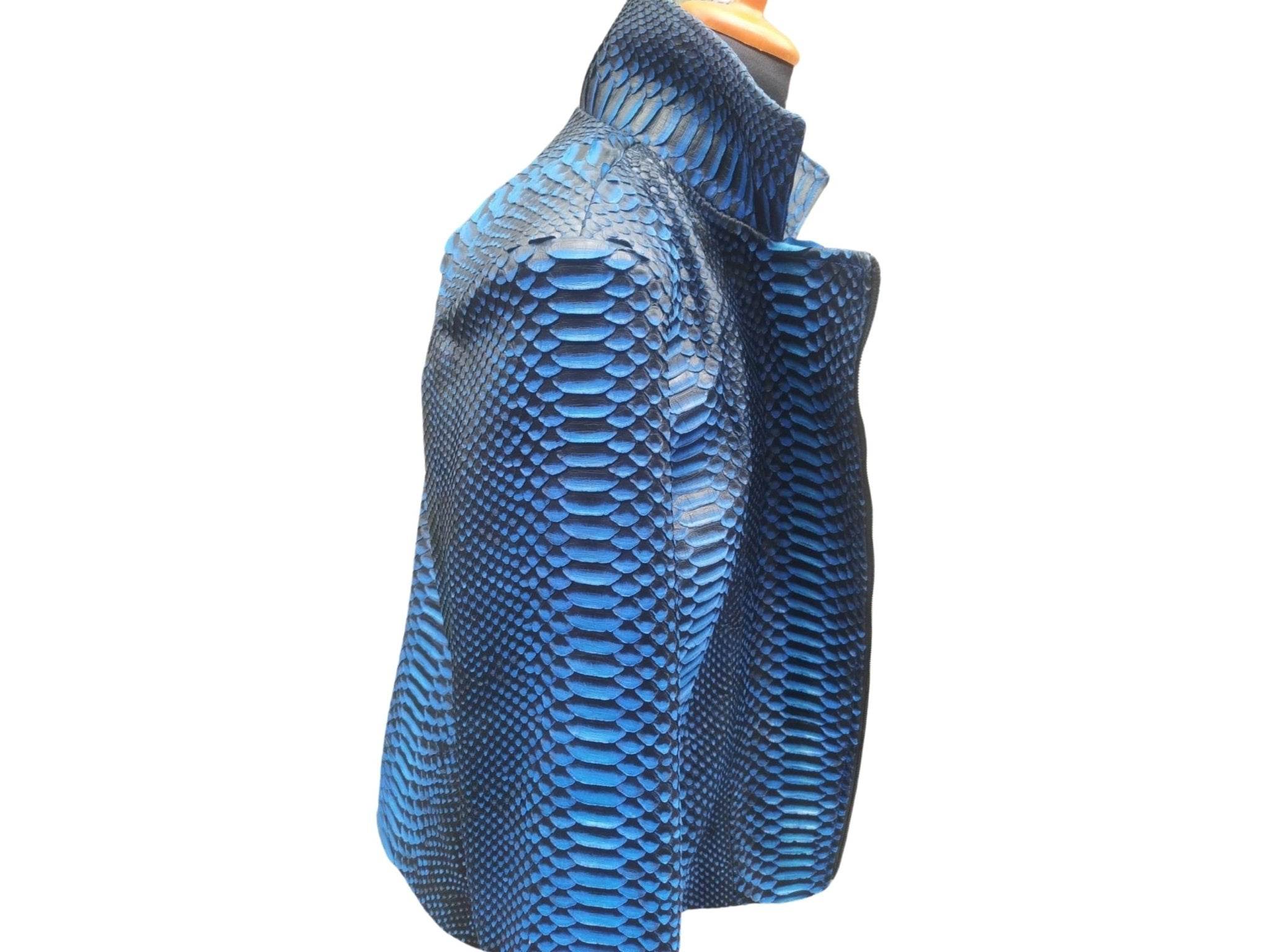 Blue snakeskin leather jacket sleeve and shoulder, zip closure, textured scale pattern