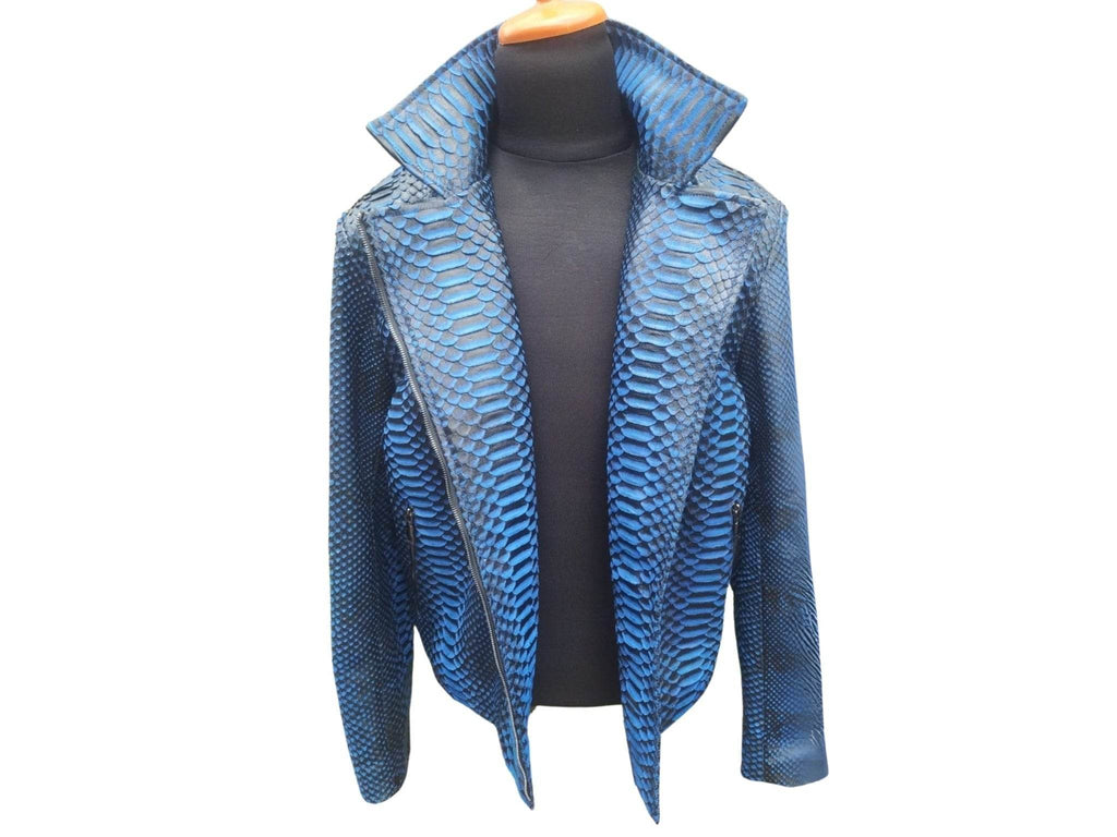 Blue snakeskin leather jacket with asymmetrical front zipper and stand collar