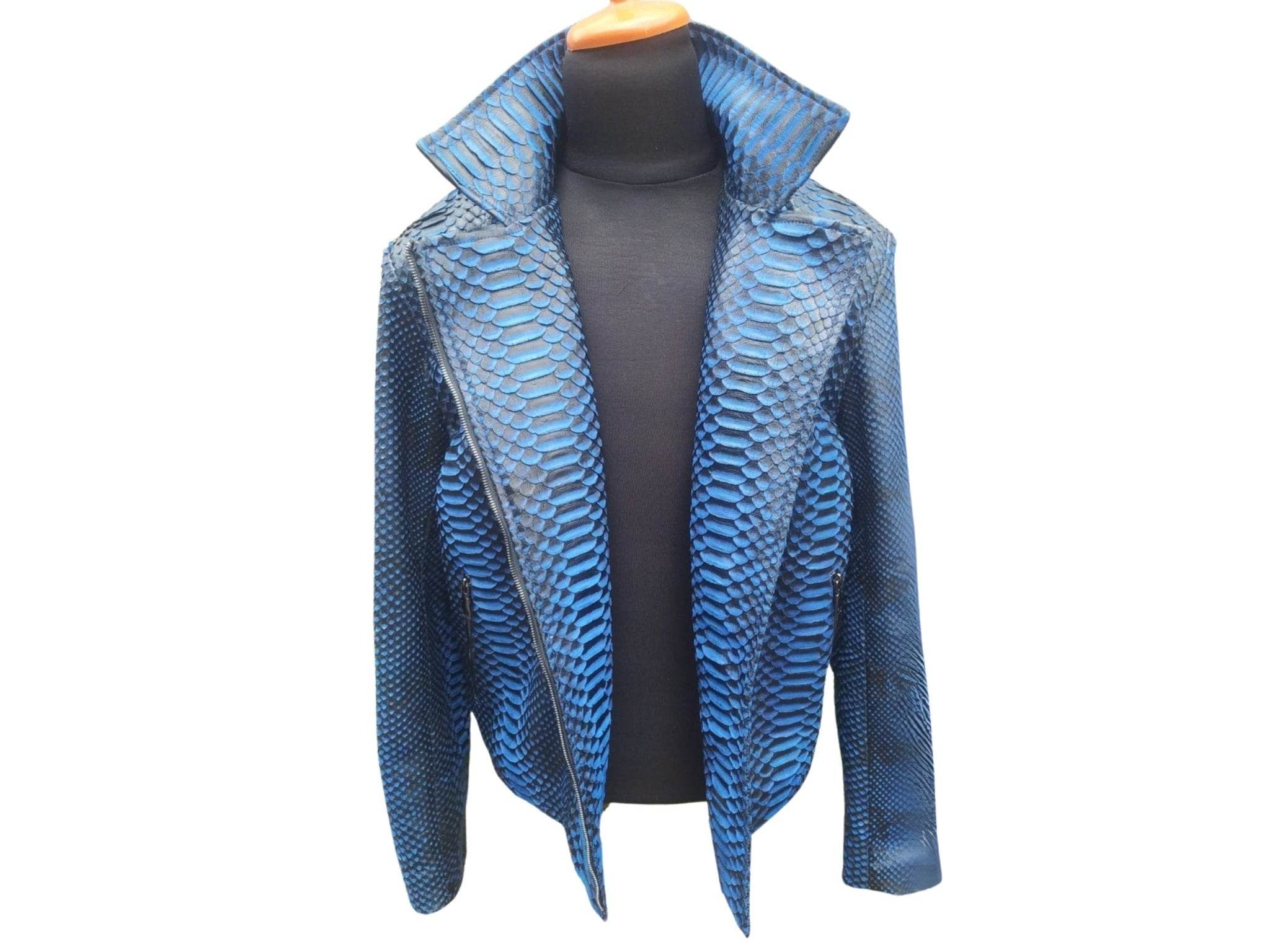 Blue snakeskin leather jacket with asymmetrical front zipper and stand collar