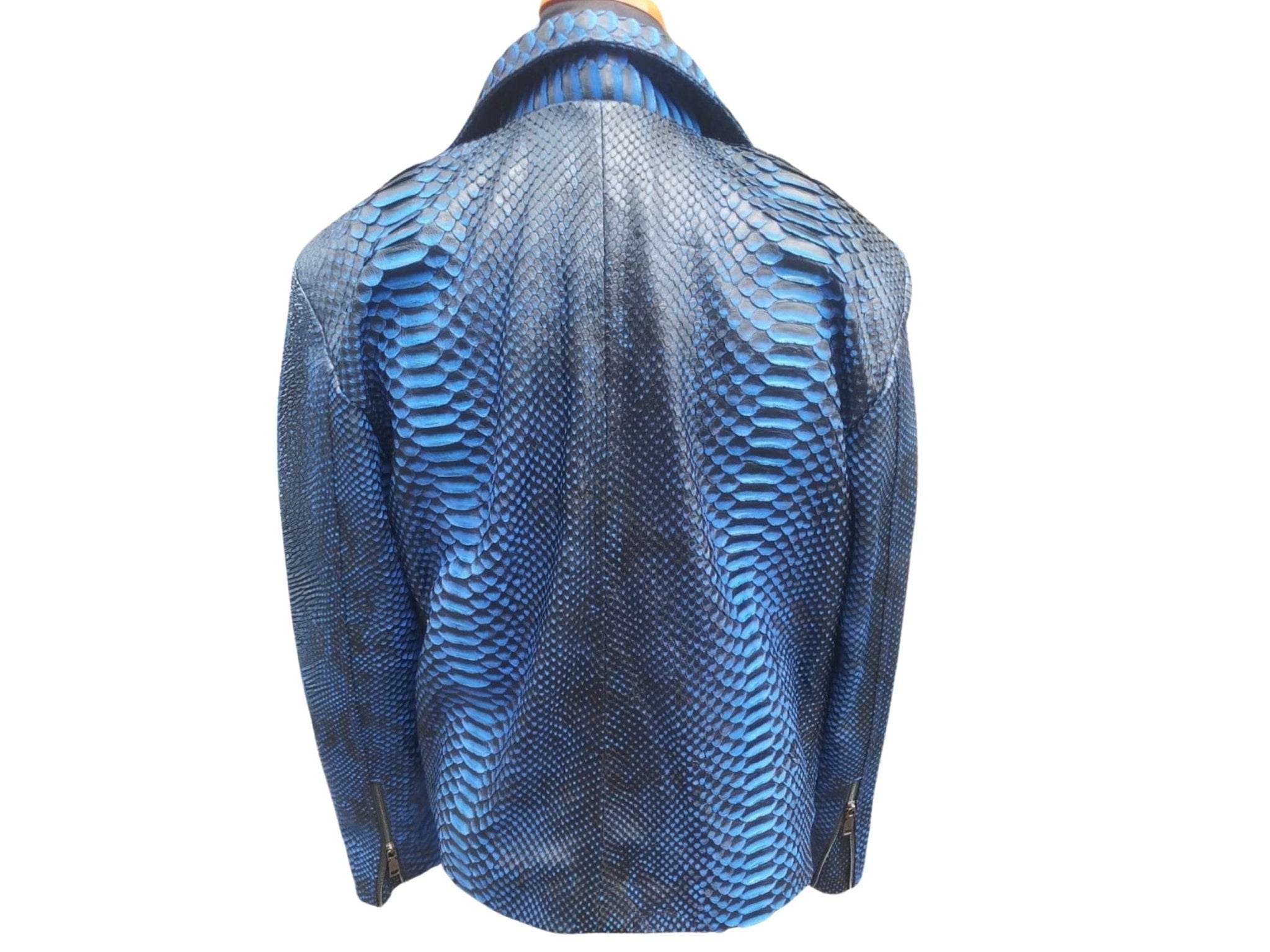 Blue snakeskin leather jacket back, large scale texture, stand collar and zipper