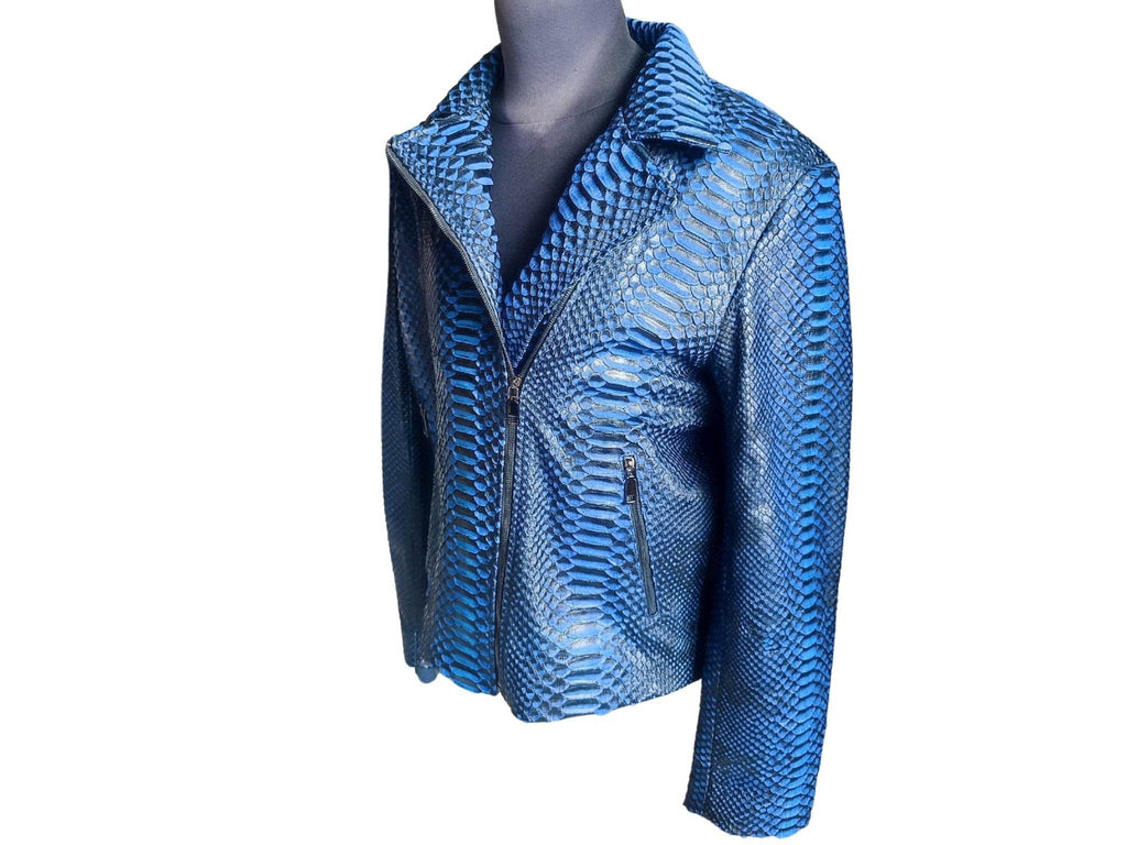 Blue snakeskin leather motorcycle jacket, zip-front, side pockets and pointed collar