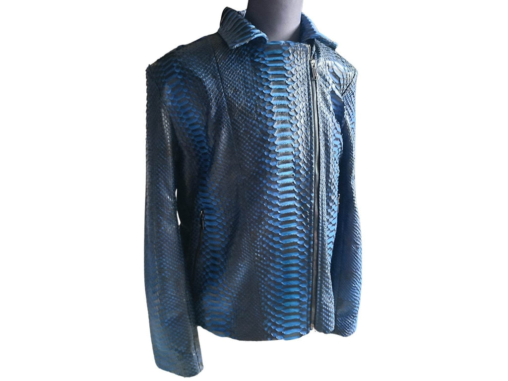 Blue snakeskin leather jacket with zip-front and ribbed cuffs, close-up shoulder detail