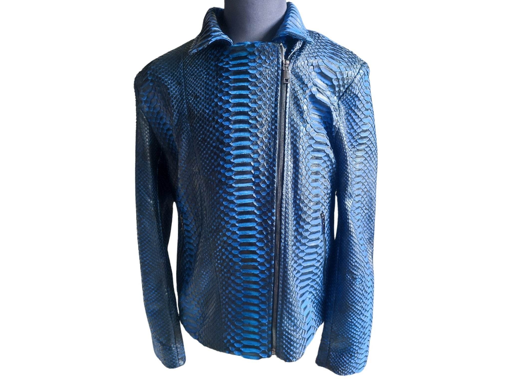Blue snakeskin leather jacket front, zip panel and notched collar