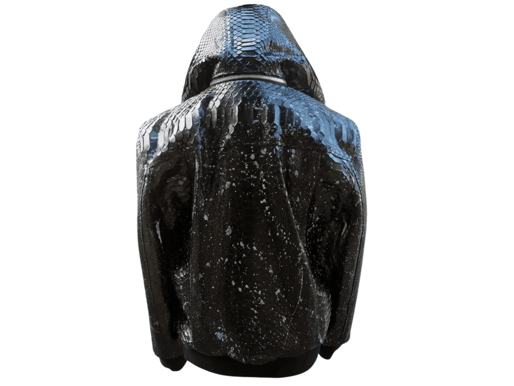 Black snakeskin-style zip hoodie jacket, back view with hood up