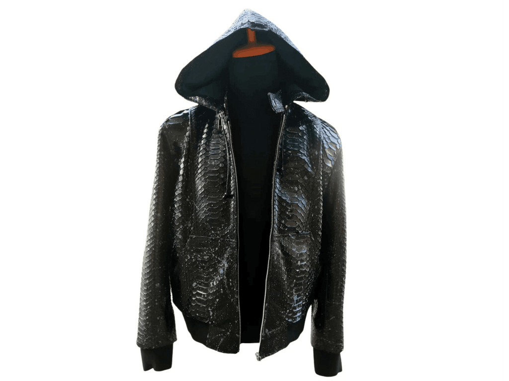 Black snakeskin-style zip hoodie jacket, hood up, open front view