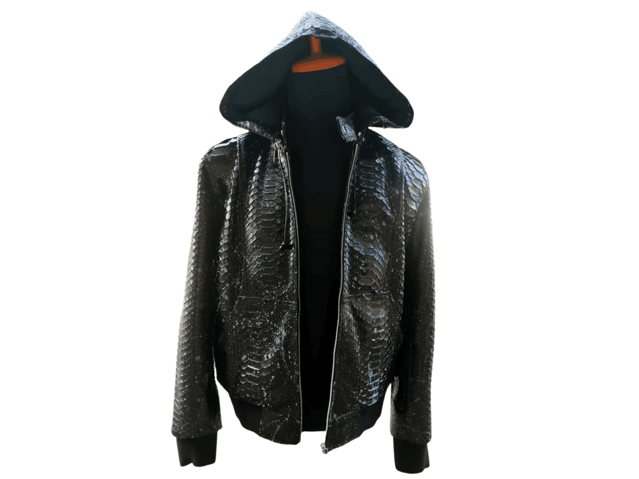 Black snakeskin-style zip hoodie jacket, hood up, open front view