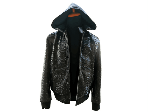Black snakeskin-style zip hoodie jacket, hood up, open front view