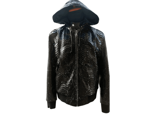 Black snakeskin-style zip hoodie jacket with hood up and front zipper
