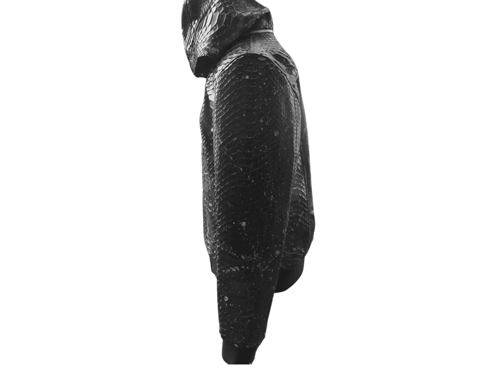 Black snakeskin-style zip hoodie jacket, side profile with full hood