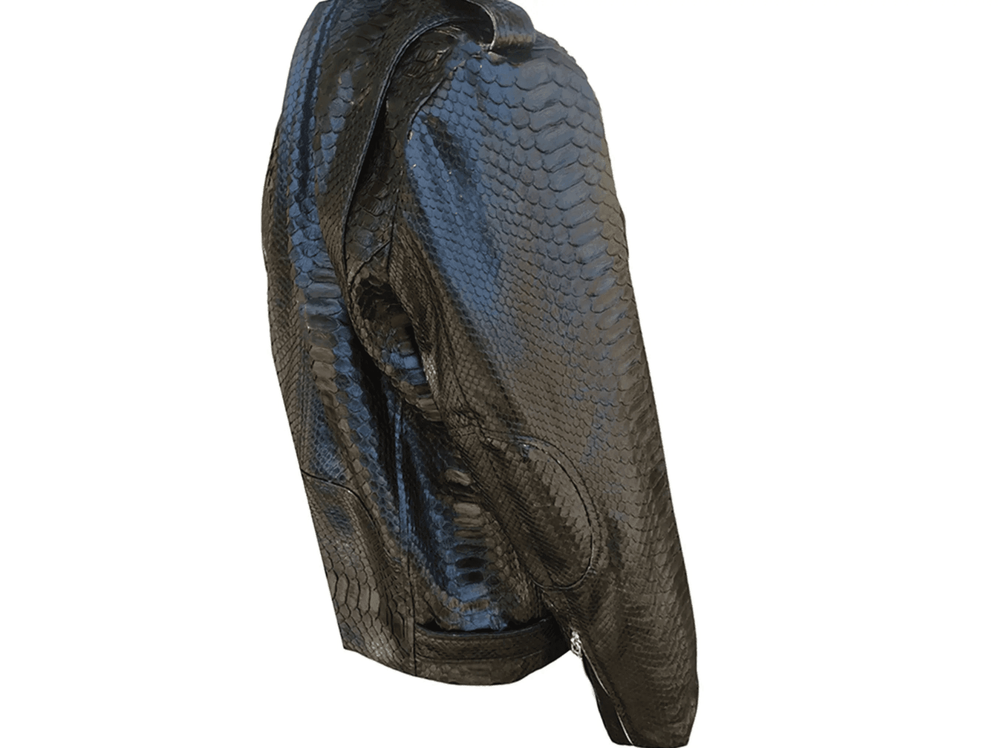 Python-skin leather motorcycle jacket side view with glossy scale texture