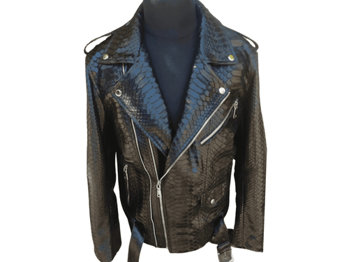 Python-skin leather motorcycle jacket with asymmetrical zip front and stand collar
