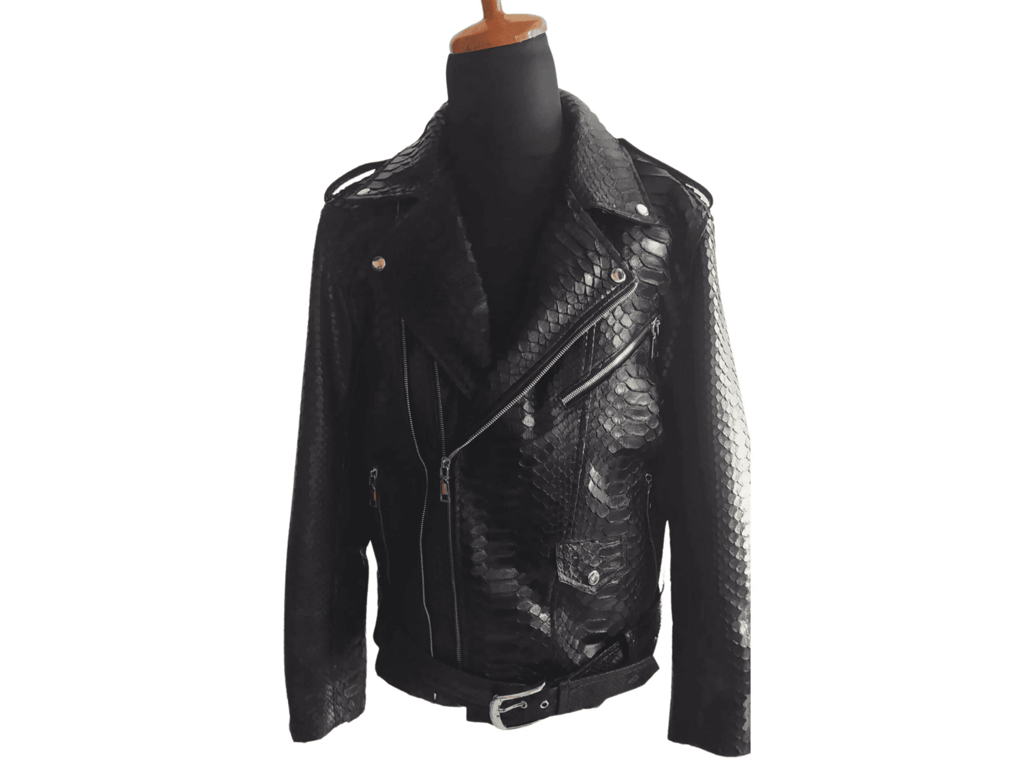 Python-skin leather motorcycle jacket on mannequin, front view with diagonal zip