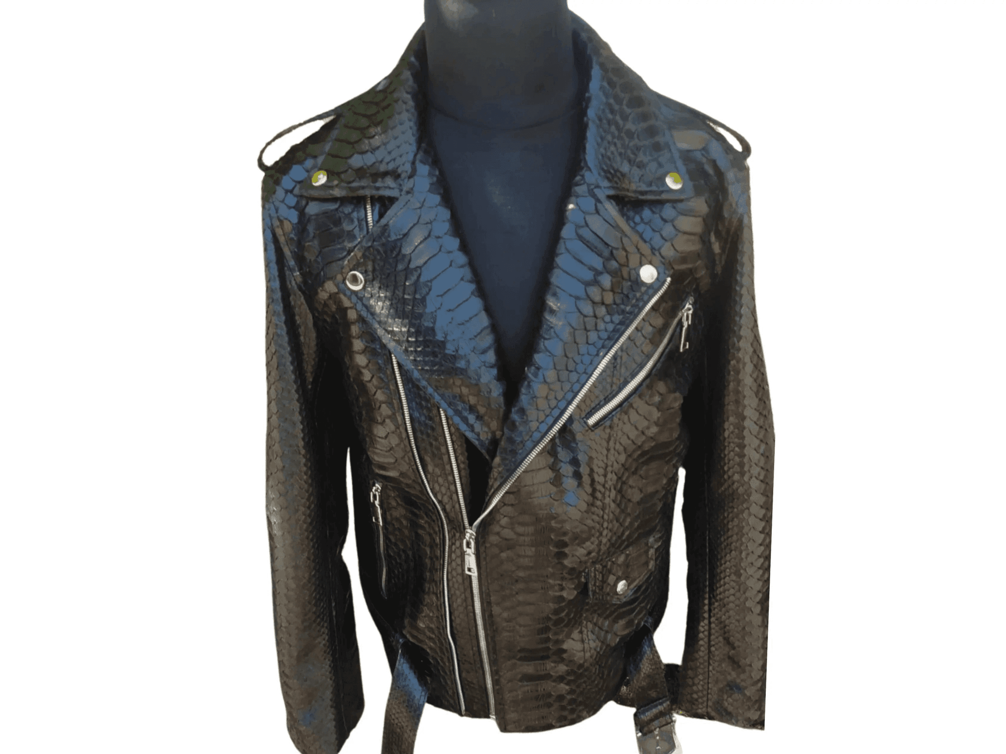 Python-skin leather motorcycle jacket front view with asymmetrical zip and metal pulls