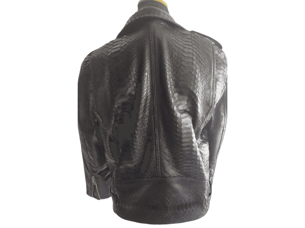 Python-skin leather motorcycle jacket back view with glossy finish and shoulder seam