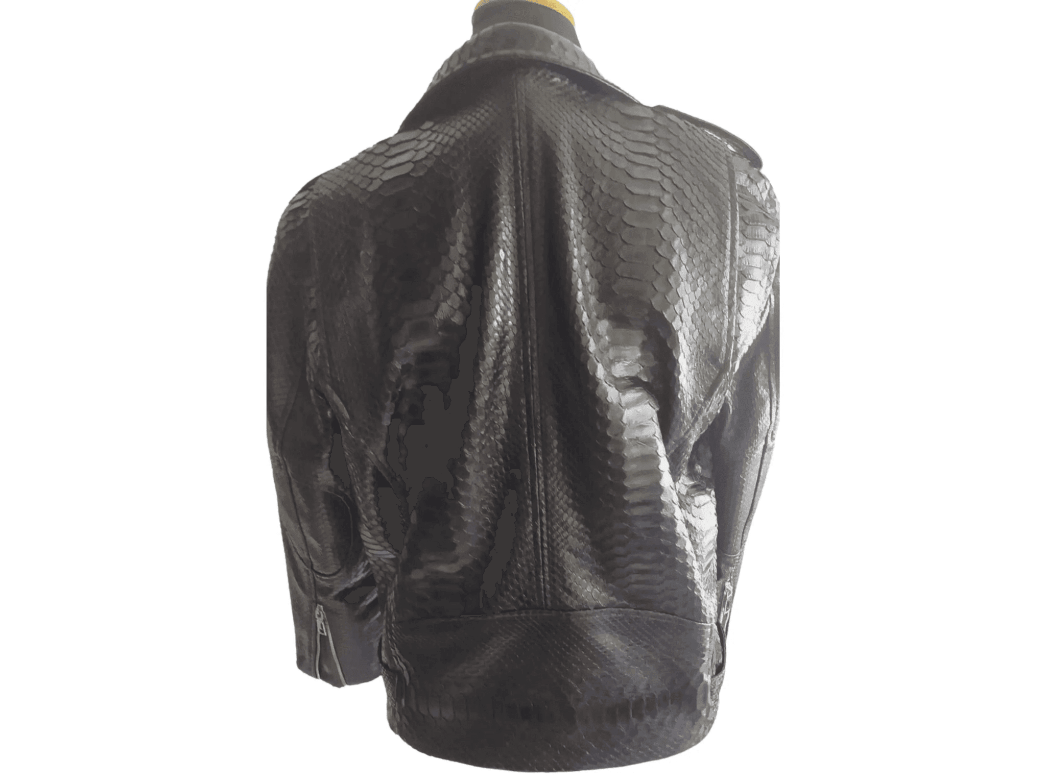 Python-skin leather motorcycle jacket back view with glossy finish and shoulder seam
