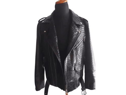 Python-skin leather motorcycle jacket on mannequin, asymmetrical zip and snap details