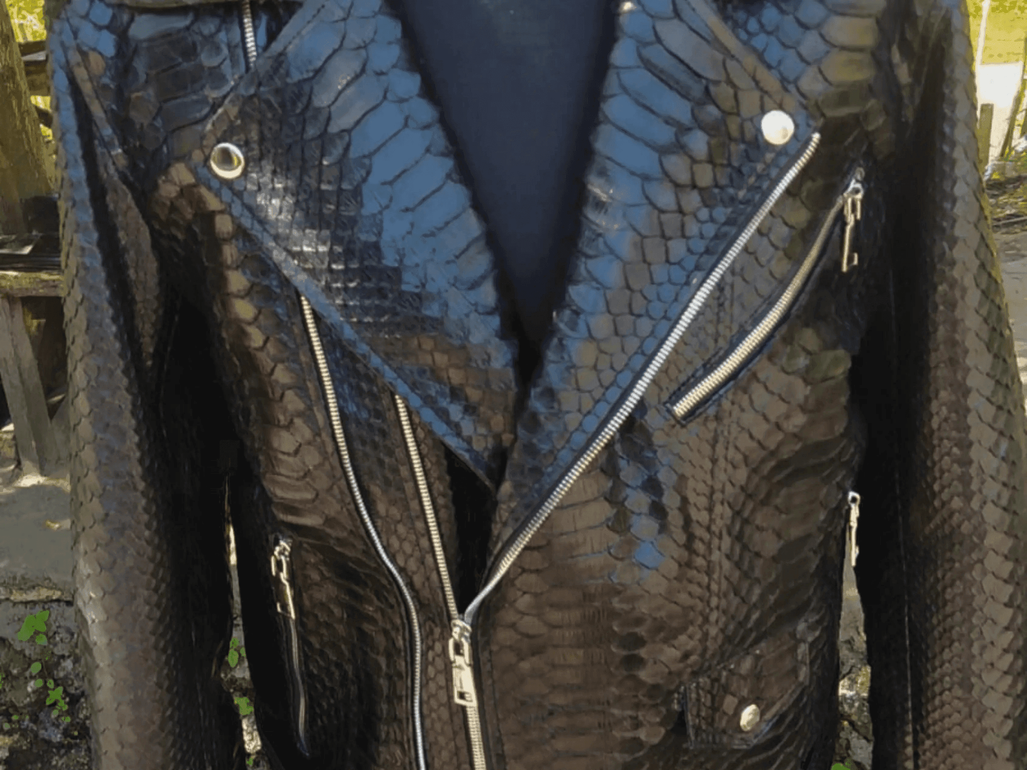 Close-up of python-skin leather motorcycle jacket chest with silver zippers and snaps