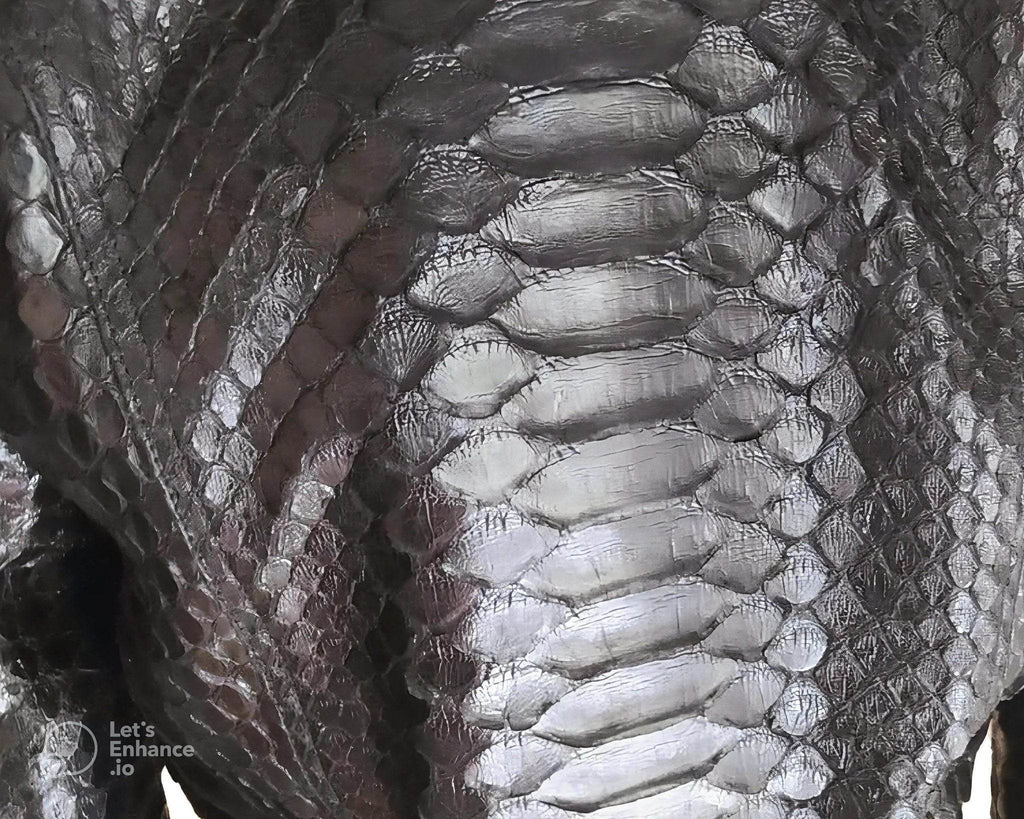 Close-up of python snakeskin leather jacket texture in black and gray tones