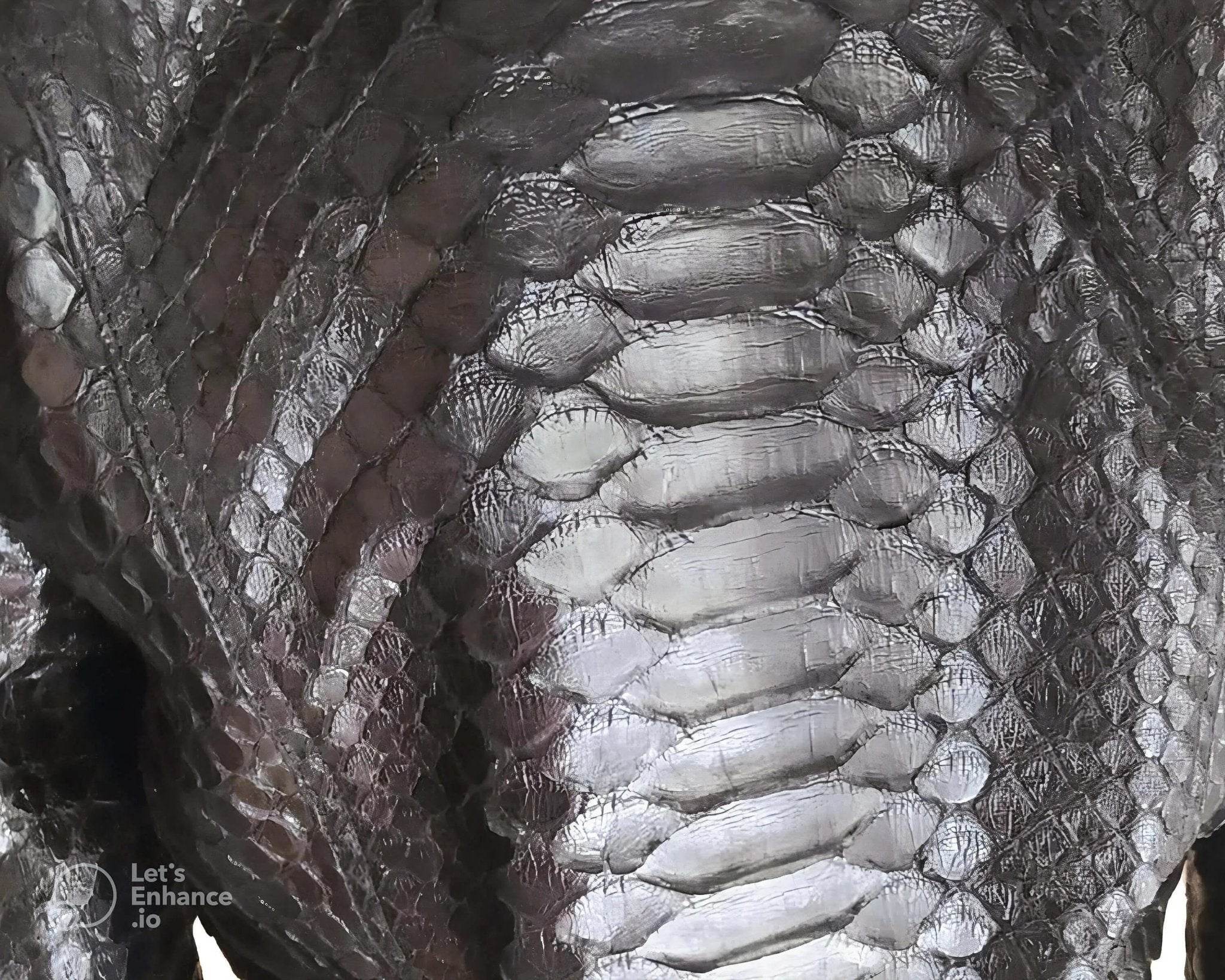 Close-up of python snakeskin leather jacket texture in black and gray tones