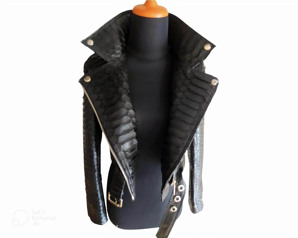 Black python snakeskin leather jacket with off-center zip and studded shoulders