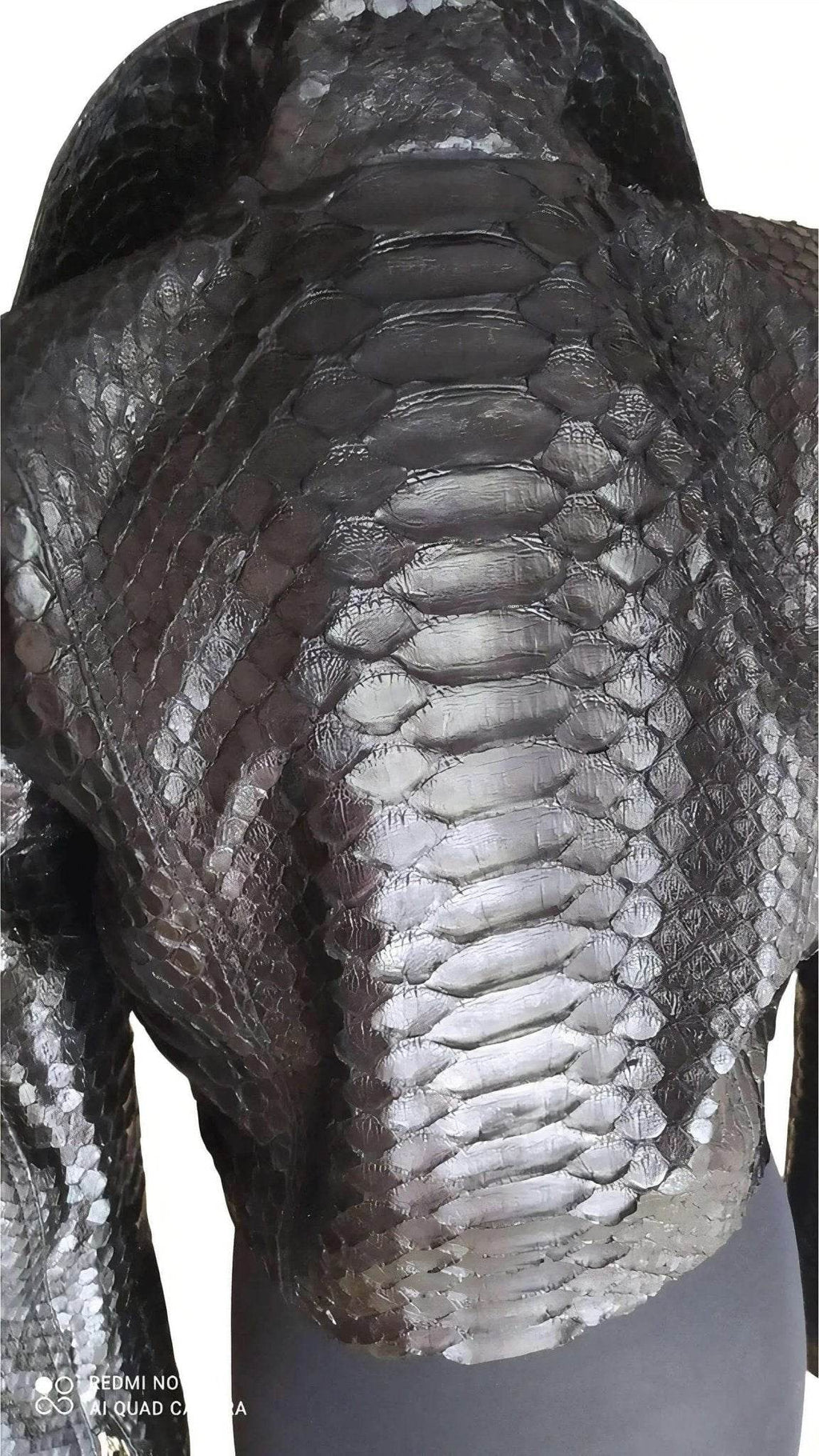Black and gray python snakeskin leather jacket back with raised scale texture