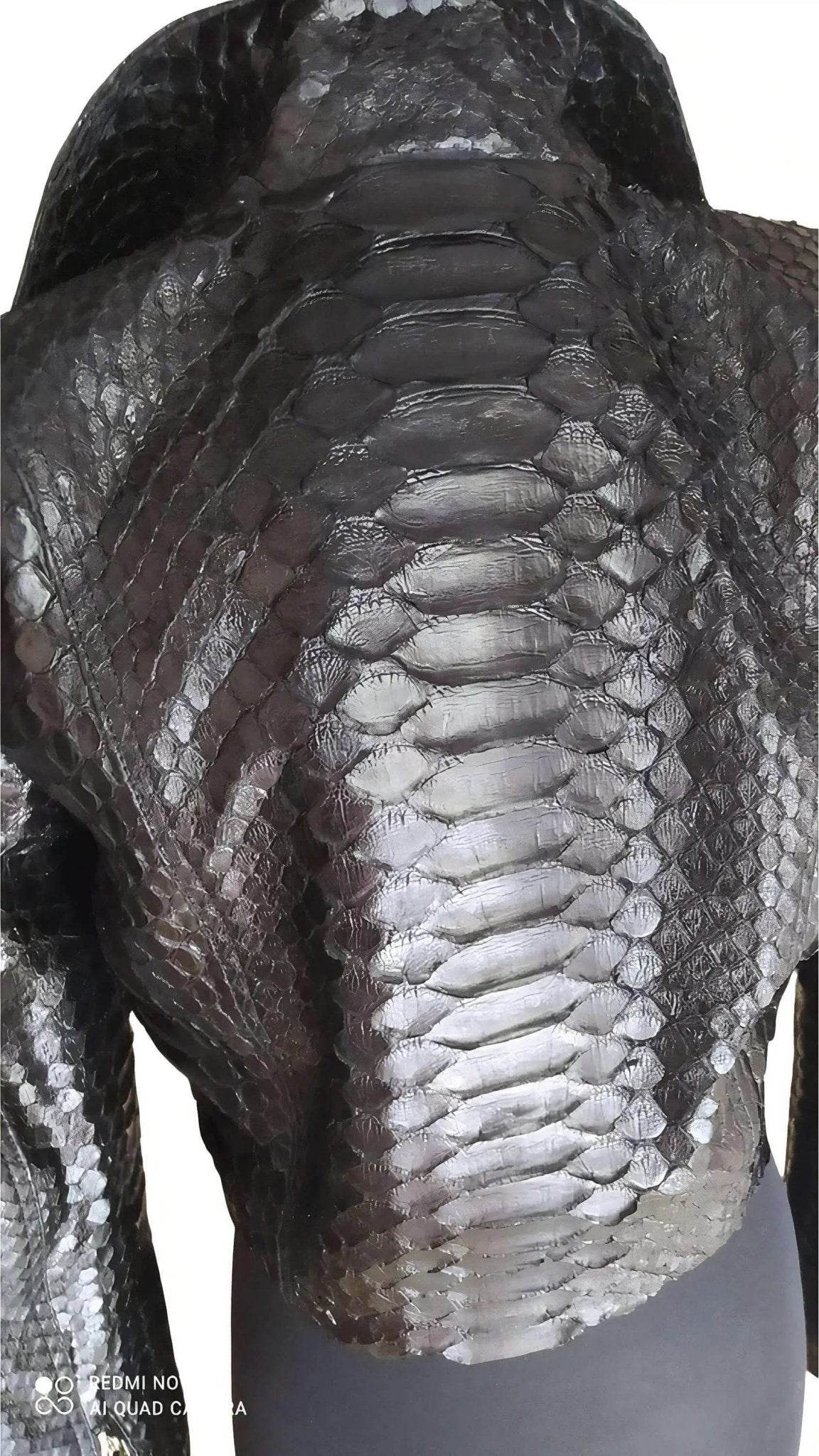 Black and gray python snakeskin leather jacket back with raised scale texture