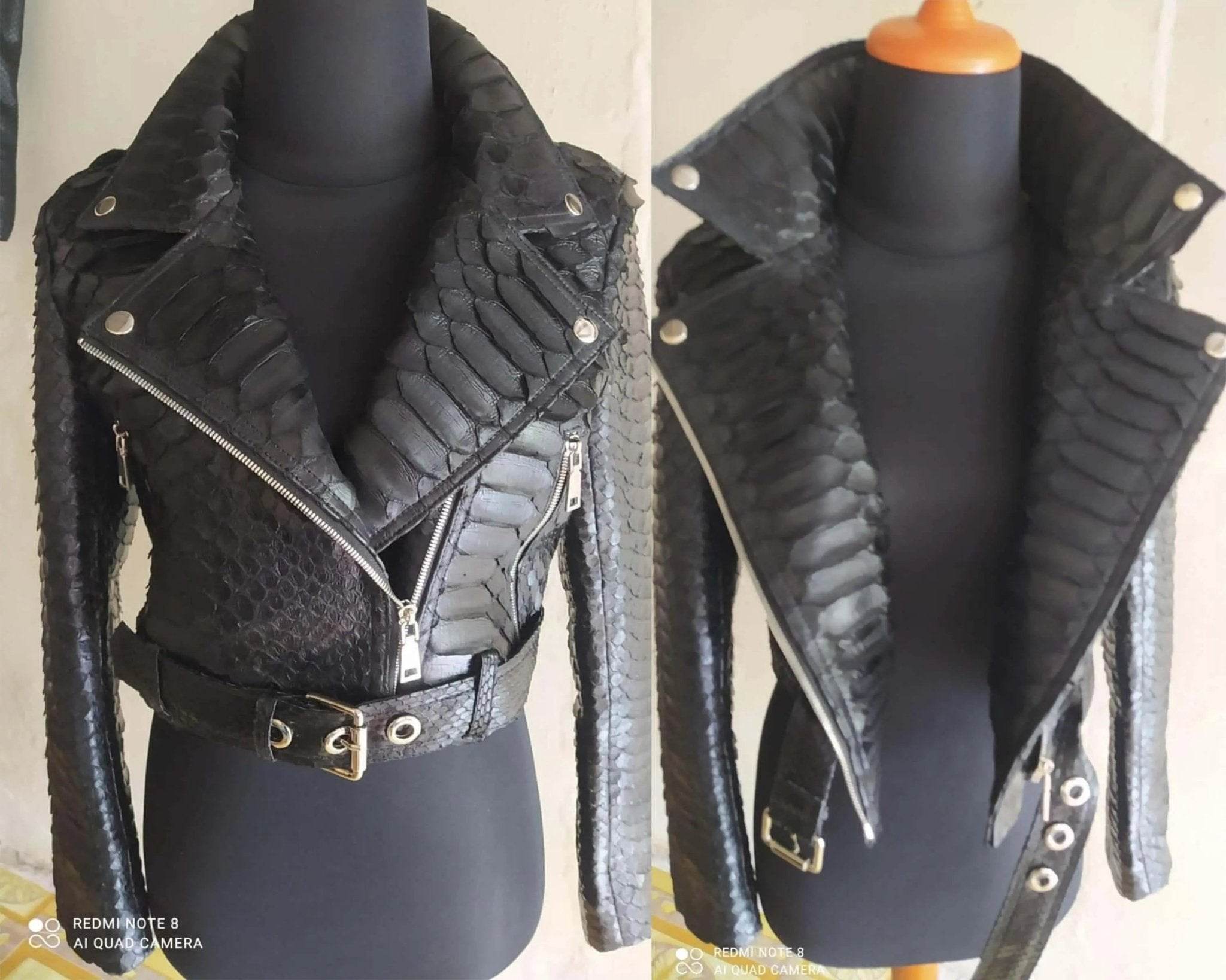 Black python snakeskin leather jacket on mannequin, front and back views shown
