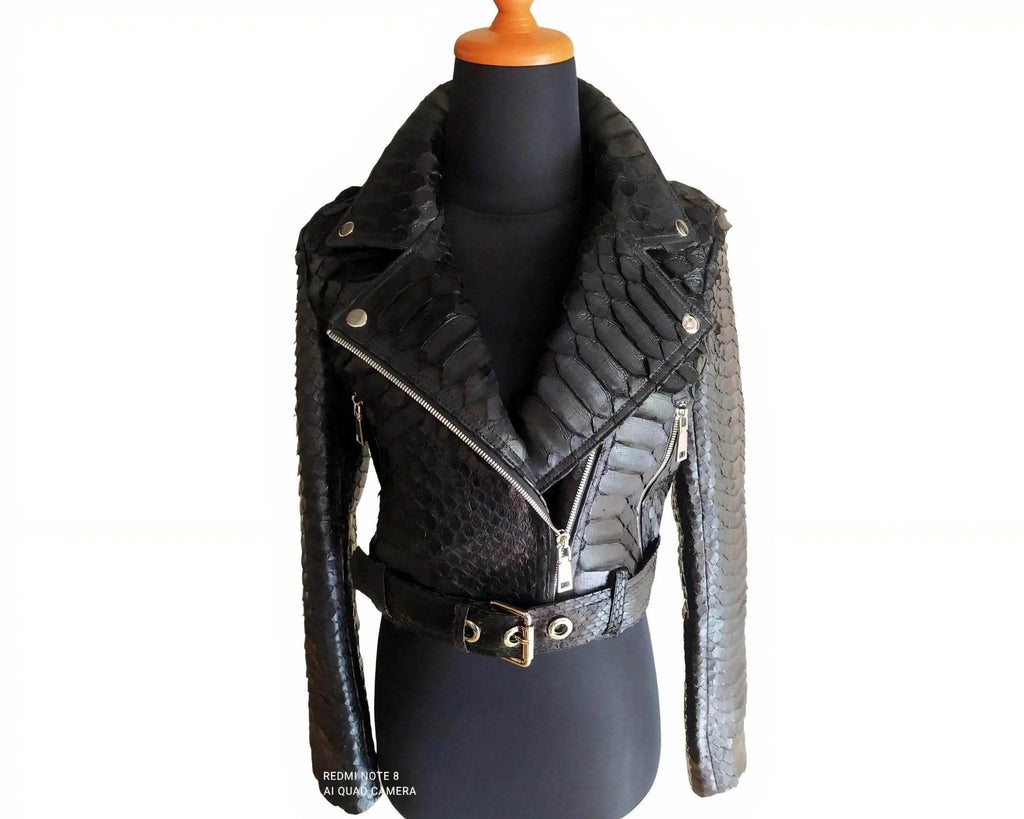 Black python snakeskin leather moto jacket with stand collar, silver zip, snap details