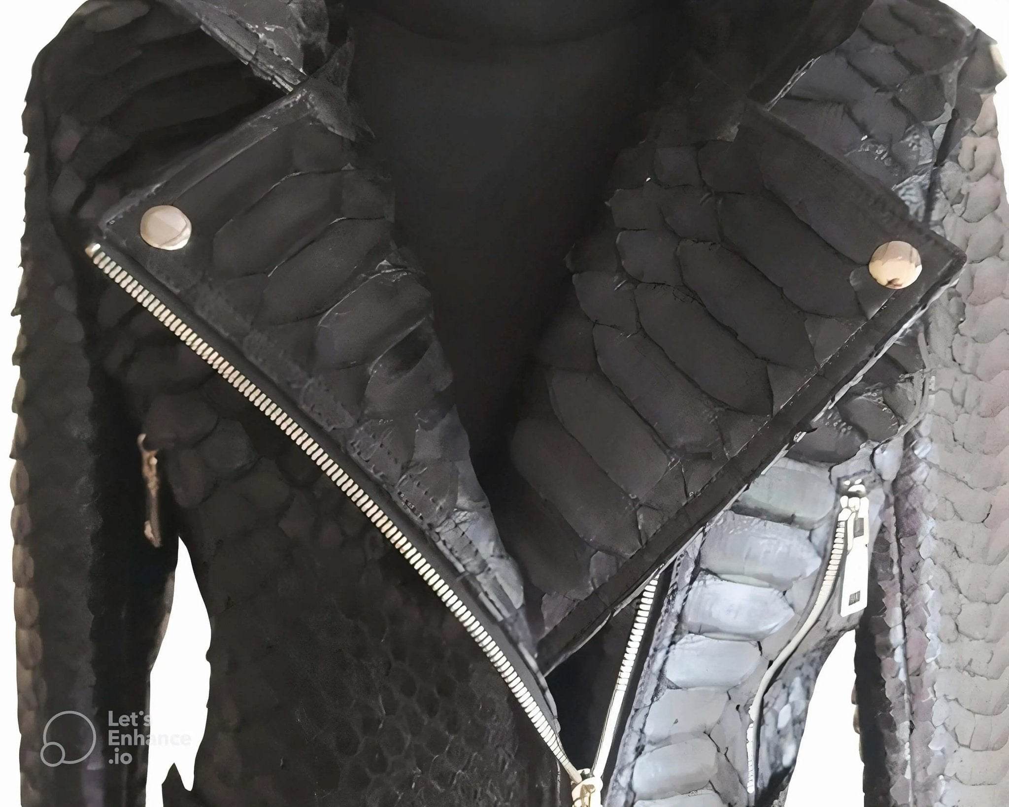 Black python snakeskin leather moto jacket with diagonal zip and studded shoulders