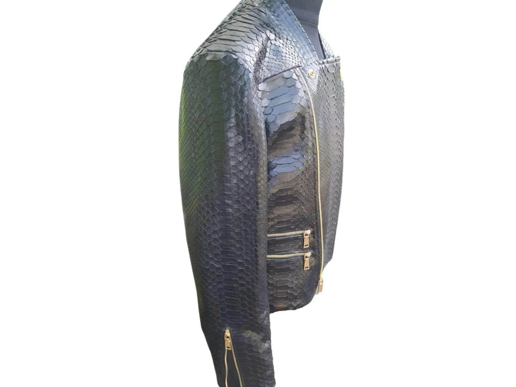Black snakeskin leather jacket side profile with gold-tone front zipper